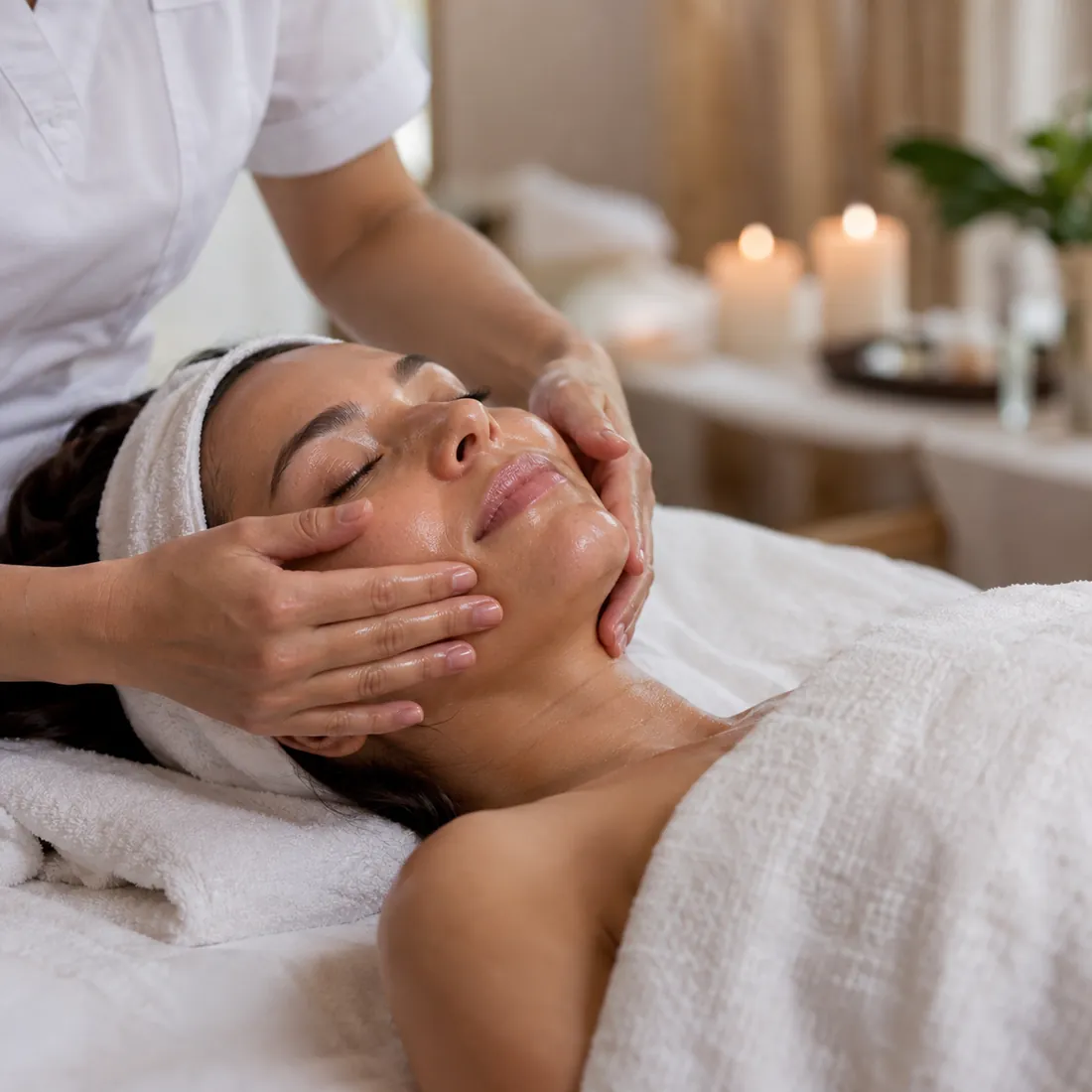Masaje facial con las manos sobre el rostro de una clienta con vincha de toalla
